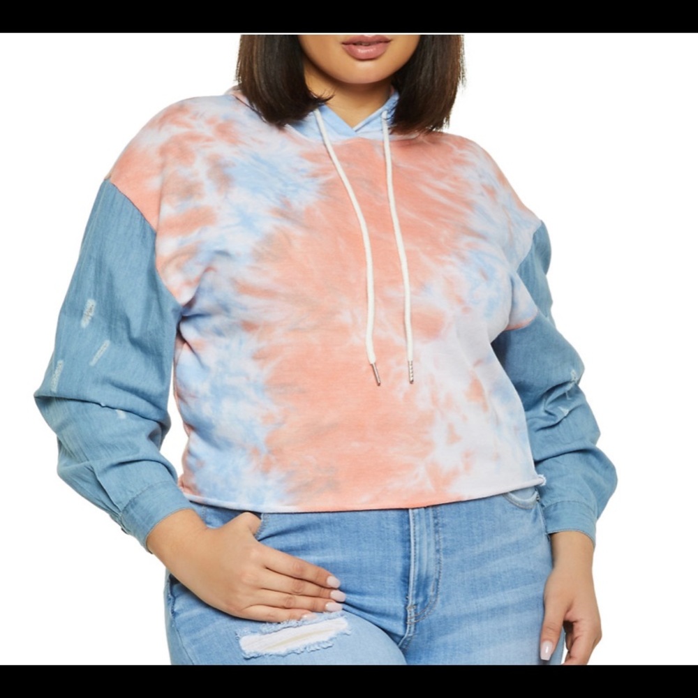 Tiedye cropped hooded denim sleeve shirt